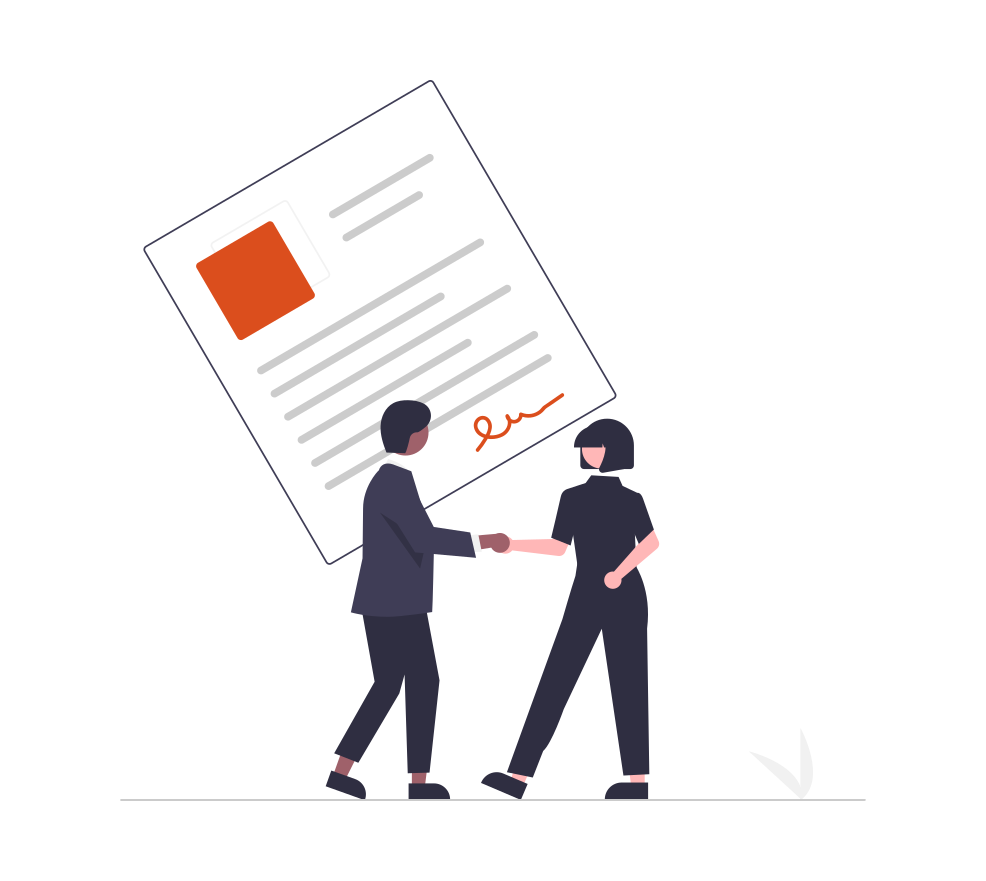 Illustration of two people shaking hands in front of an image of business document.